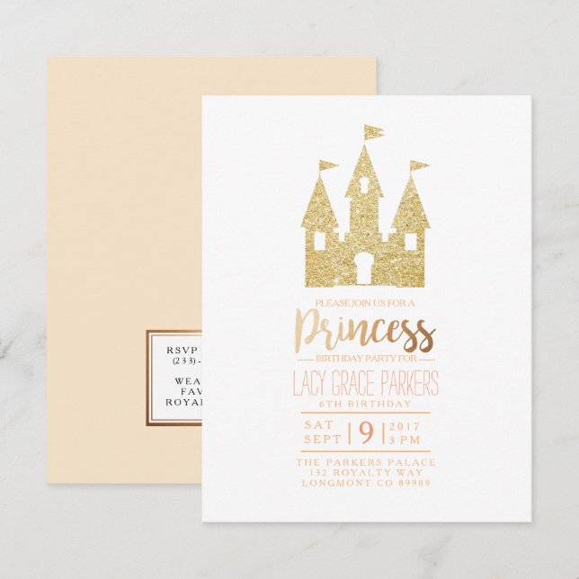Invitation Fille princesse Anniversaire | Parti à thème (Devant / Derrière)