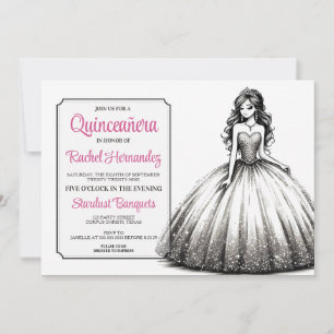 Invitation Fille Quinceañera noire et blanche