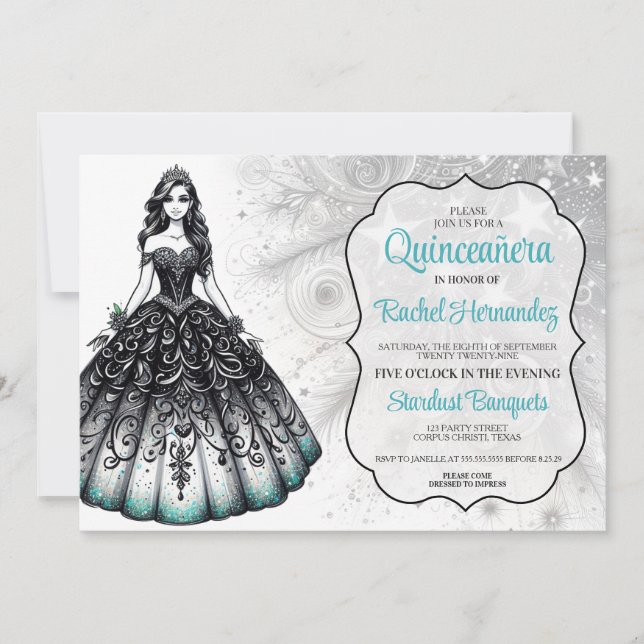 Invitation Fille Quinceañera noire et sarcelle (Devant)