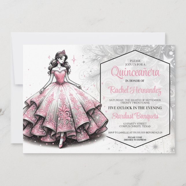 Invitation Fille Quinceañera rose et argent (Devant)