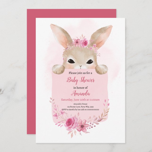 Invitation Fille Rabbit Baby shower Boho rose lapin Floral (Devant / Derrière)