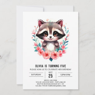 Invitation Fille Raccoon Simple pour enfants Anniversaire