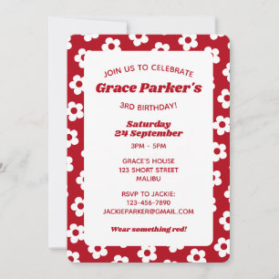 Invitation Fille Red Daisy Motif 3e fête d'anniversaire