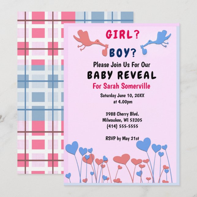 Invitation Fille, Révélation Garçon, Bouches, Baby shower de  (Devant / Derrière)