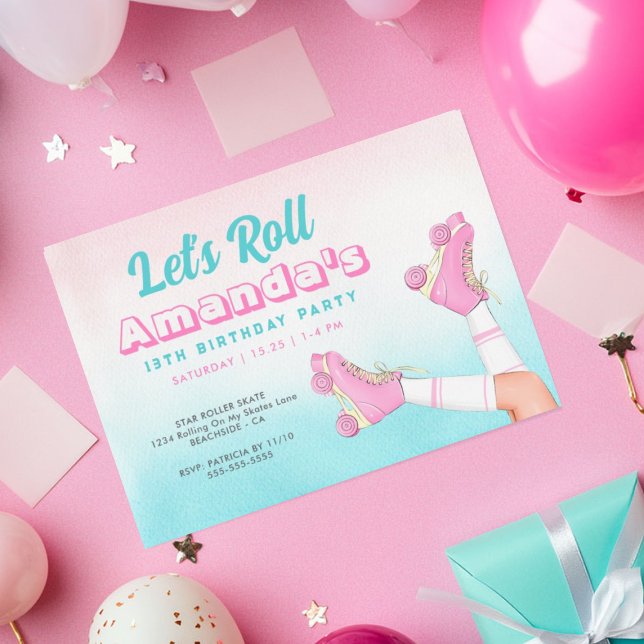 Invitation Fille Roller Patinage rose et bleu Anniversaire (Créateur téléchargé)