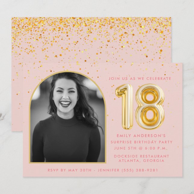 Invitation Fille rose 18e anniversaire Balloon or Confetti (Devant / Derrière)