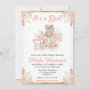 Invitation Fille rose aquarelle jouets Baby Shower