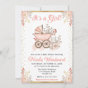 Invitation Fille Rose Aquarelle Jouets Et Poussette Baby Show