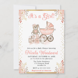 Invitation Fille Rose Aquarelle Jouets Et Poussette Baby Show