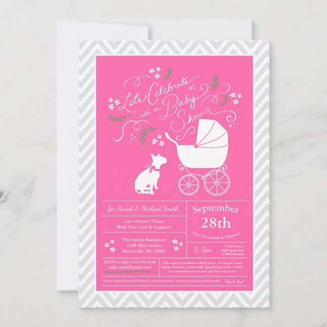 Invitation Fille rose Baby shower de Chien Bull Terrier (Devant)