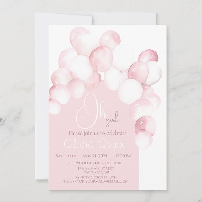 Invitation Fille rose ballons arche Baby shower (Devant)