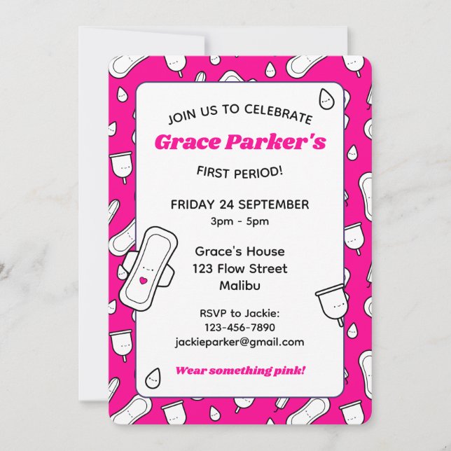 Invitation Fille Rose Chaud Cartoon Pad Première Période (Devant)