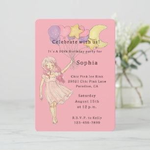 Invitation Fille Rose Coeur Etoiles Lune Ballons Anniversaire