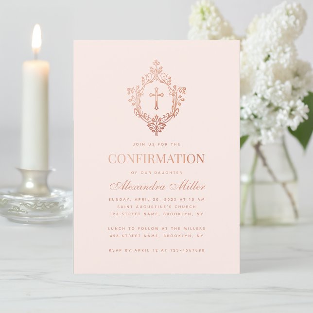 Invitation Fille rose Confirmation Rose Gold Cross Crest Blus (Créateur téléchargé)