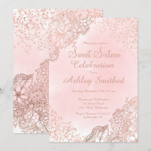 Invitation Fille rose de parties scintillant florale d'or con