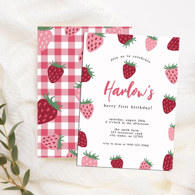 Invitation Fille rose et fraise rouge Berry premier anniversa (Créateur téléchargé)