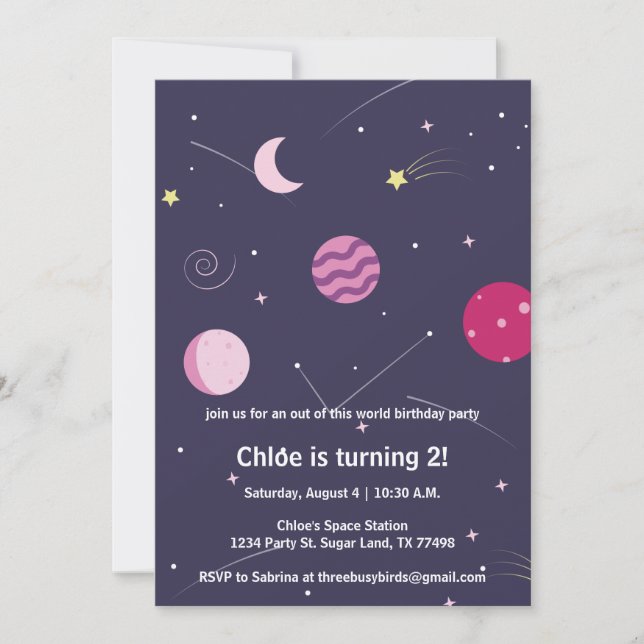 Invitation Fille rose et violet Space Moon Anniversaire (Devant)