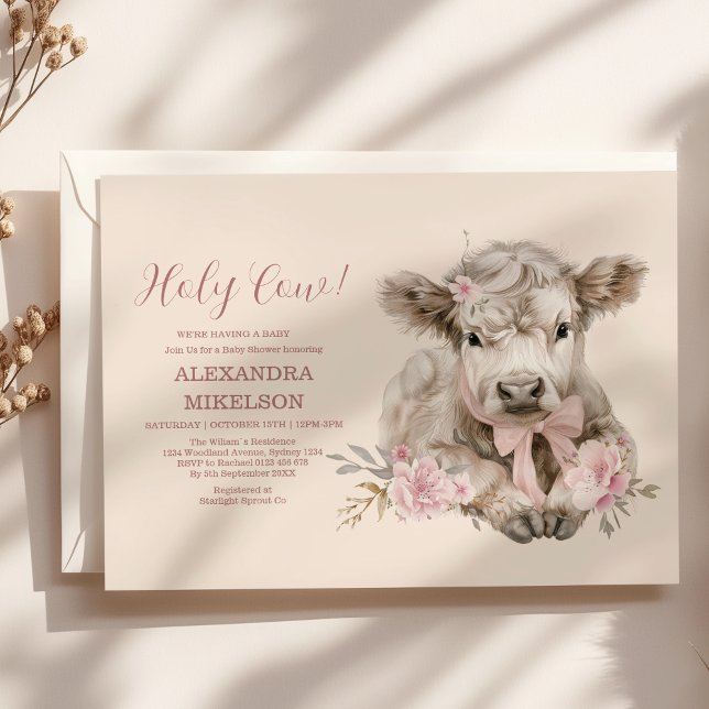 Invitation Fille rose Floral Highland Baby shower de vache (Créateur téléchargé)