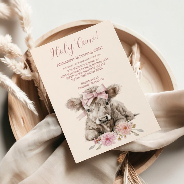 Invitation Fille rose Floral Highland Vache 1er anniversaire (Créateur téléchargé)