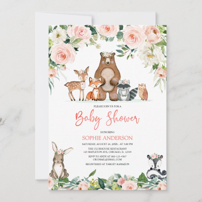 Invitation Fille rose Florale Baby shower des animaux de bois (Devant)