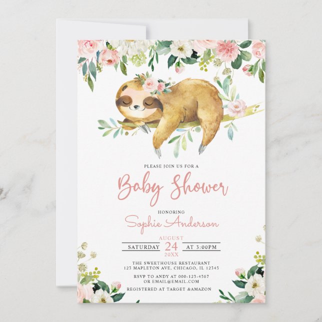 Invitation Fille rose florale mignonne Sloth Baby shower Invi (Devant)