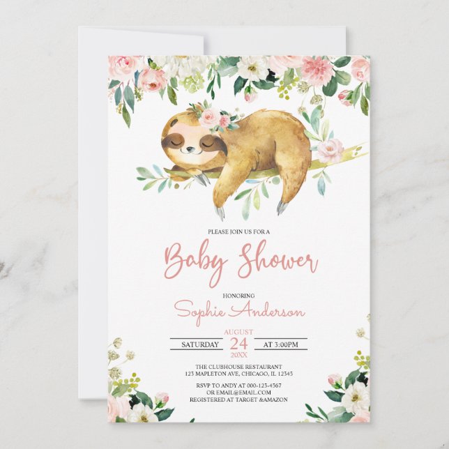 Invitation Fille rose florale mignonne Sloth Baby shower Invi (Devant)
