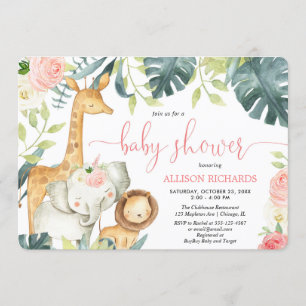 Invitation Fille rose florale safari jungle animaux baby show
