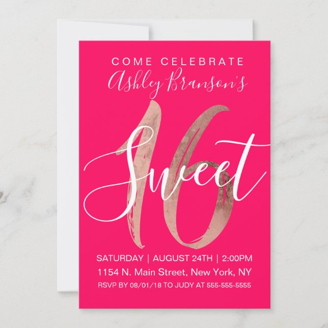 Invitation Fille Rose Gold Foil Neon Pink Sweet 16 (Devant)