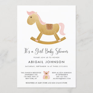 Invitation Fille Rose Gold Retro Baby shower Rocking Horse