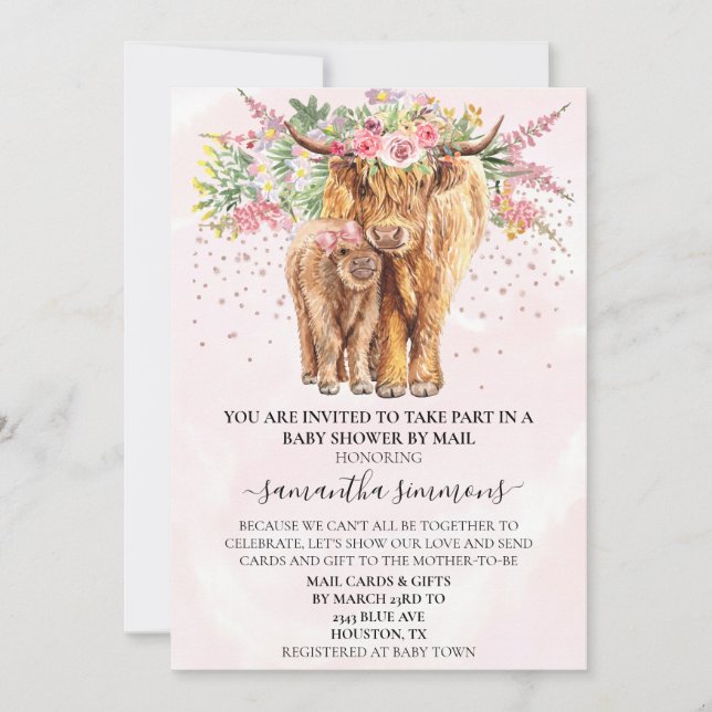 Invitation Fille Rose Highland Vache Baby shower de veau par  (Devant)