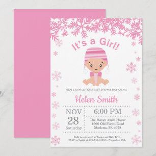 Invitation Fille Rose Hiver Baby Shower Flocon de Neige