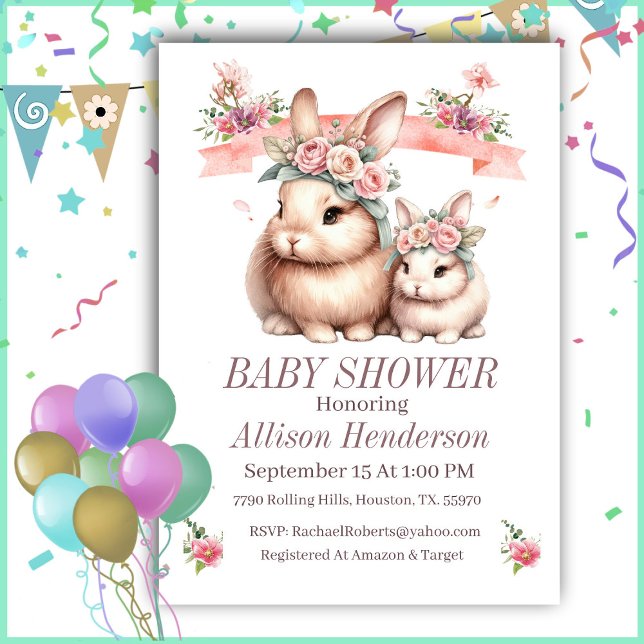 Invitation Fille Rose Maman Et Bébé Baby shower Lapin (Créateur téléchargé)
