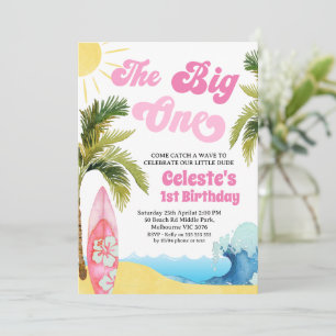 Invitation Fille Rose Moderne Fait du Surf Big One 1er Annive