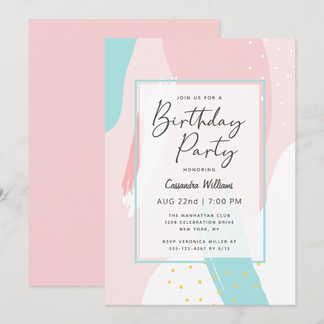 Invitation Fille rose moderne, fête d'anniversaire Abstraite  (Devant / Derrière)