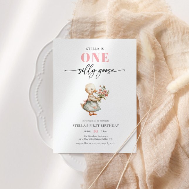 Invitation Fille rose moderne une oie sotte fête d'anniversai (Créateur téléchargé)