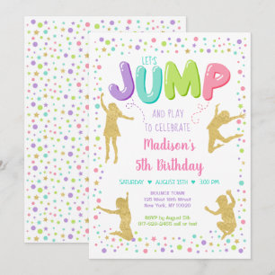 Invitation Fille rose or arc-en-ciel Jump Bounce fête Anniver