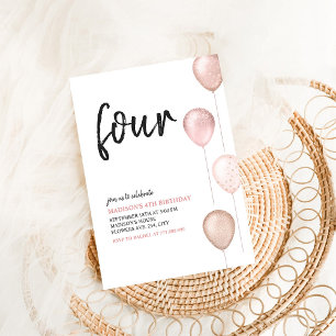 Invitation Fille Rose Pâle Ballons Simple 4ème Anniversaire