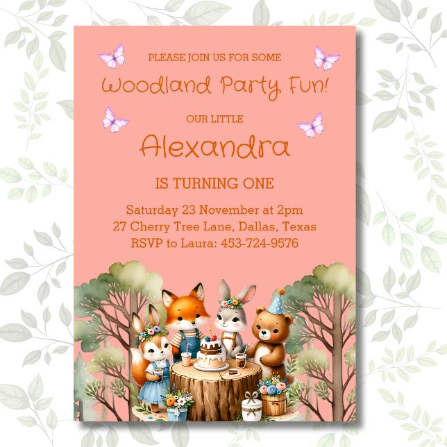 Invitation Fille rose Papillon Bois Animaux 1er anniversaire (Créateur téléchargé)