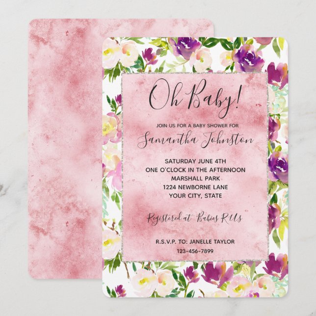 Invitation Fille Rose Peach Purple Burgundy Aquarelle Florale (Devant / Derrière)