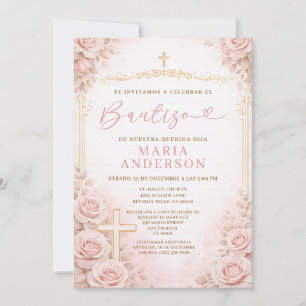 Invitation Fille Rose Pêche Baptême Espagnol Religion Croix