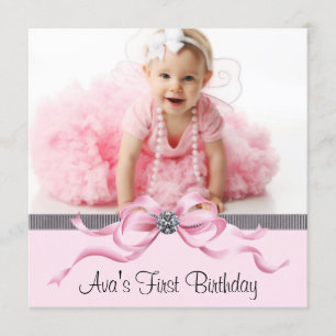 Invitation Fille Rose Photo Anniversaire Premier Anniversaire