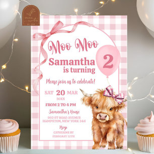 Invitation Fille rose prépa Gingham Cow Girl 2e anniversaire