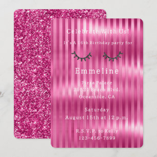 Invitation Fille rose rayures brillantes Parties scintillant