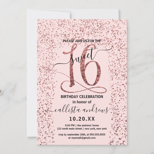 Invitation Fille Rose Rose Or Confetti Bordure Sweet 16 (Devant)