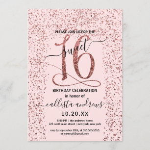 Invitation Fille Rose Rose Or Confetti Bordure Sweet 16
