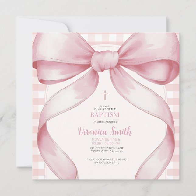 Invitation Fille rose rousse BaptêmeCollier de perle de Bow (Devant)