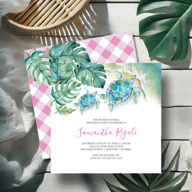 Invitation Fille rose Tortue tropicale En vichy Anniversaire (Birthday invitations watercolor sea turtle and monstera palm leaf art by Victoria Grigaliunas)