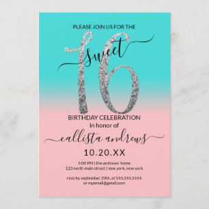 Invitation Fille rose Turquoise Parties scintillant argent Om