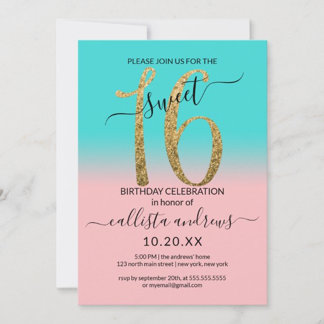 Invitation Fille rose Turquoise Parties scintillant or Ombre  (Devant)