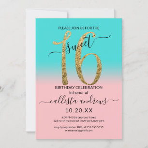 Invitation Fille rose Turquoise Parties scintillant or Ombre